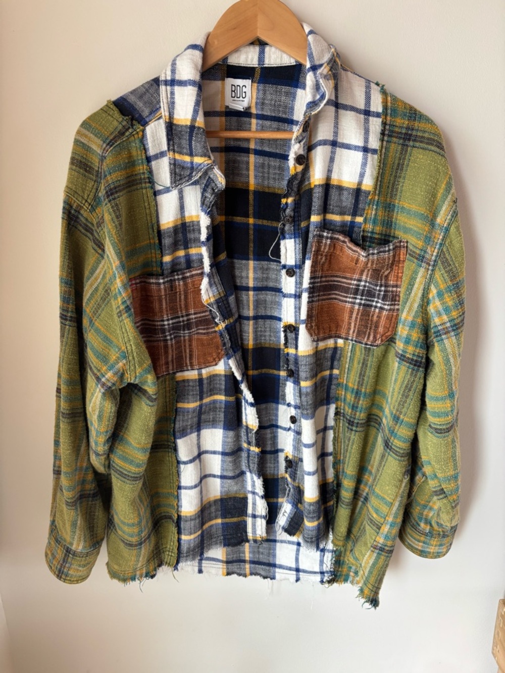 BDG Patchwork Plaid Flannel Shirt Jacket - Green, White, Brown